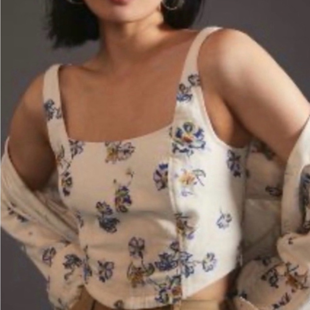 Pilcro Cream Floral Square-Neck Crop Top